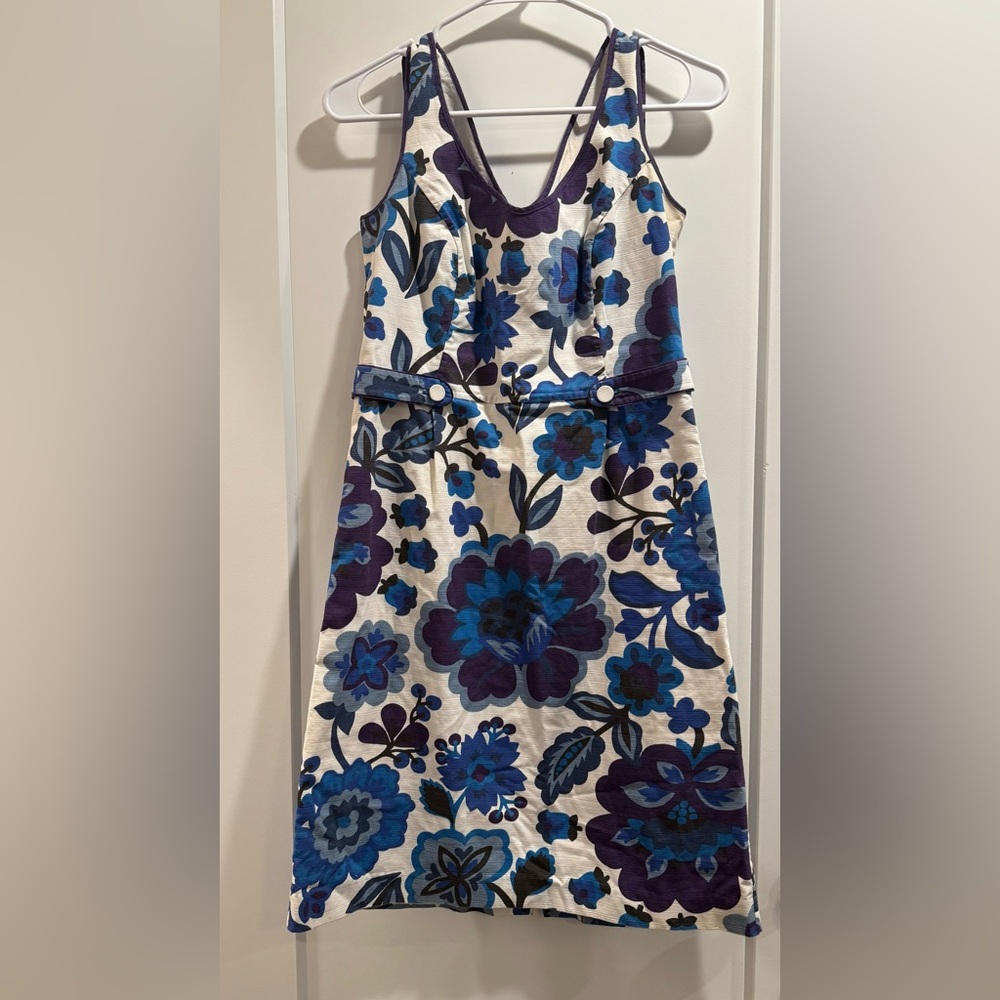 Boden Floral Sleeveless‎ Dress Size 6R UK10R | Purple Blue Belted V-Neck